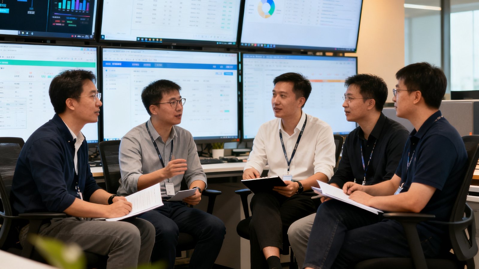 华体会核心团队成员在深圳总部开放式办公空间内进行产品讨论，背景可见多块大屏幕实时显示平台数据，氛围专注而充满活力
